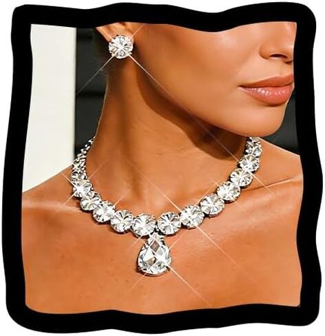 ACEDRE Diamond Necklace Earrings Set Silver Chunky Rhinestone Necklace Sets Prom Costume Jewelry for Women in Kuwait