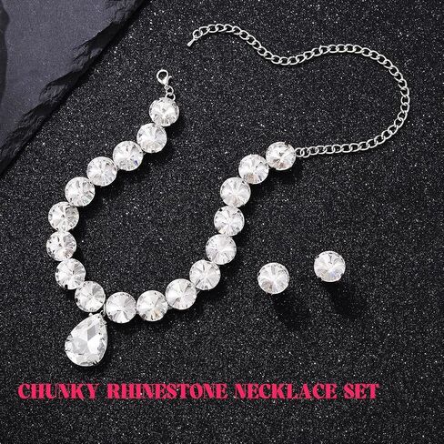 ACEDRE Diamond Necklace Earrings Set Silver Chunky Rhinestone Necklace Sets Prom Costume Jewelry for Women in Kuwait