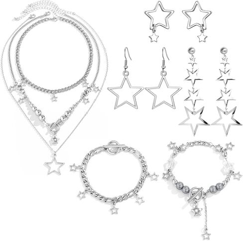 NEWITIN 11 Pieces Star Jewelry Set for Women Fashion Costume Jewels Pendant Star Necklace Bracelet Earrings Silver Jewelry Set for Women in Kuwait