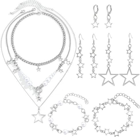 NEWITIN 11 Pieces Star Jewelry Set for Women Fashion Costume Jewels Pendant Star Necklace Bracelet Earrings Silver Jewelry Set for Women in Kuwait