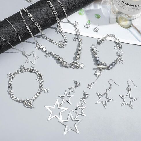 NEWITIN 11 Pieces Star Jewelry Set for Women Fashion Costume Jewels Pendant Star Necklace Bracelet Earrings Silver Jewelry Set for Women in Kuwait