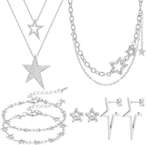 NEWITIN 11 Pieces Star Jewelry Set for Women Fashion Costume Jewels Pendant Star Necklace Bracelet Earrings Silver Jewelry Set for Women in Kuwait