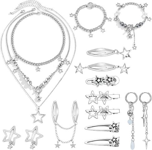 NEWITIN 11 Pieces Star Jewelry Set for Women Fashion Costume Jewels Pendant Star Necklace Bracelet Earrings Silver Jewelry Set for Women in Kuwait