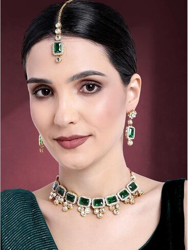 Aheli العرقية فو كوندان قلادة أقراط Maang Tikka الهندي بوليوود مجموعة مجوهرات هدية للنساء in Kuwait