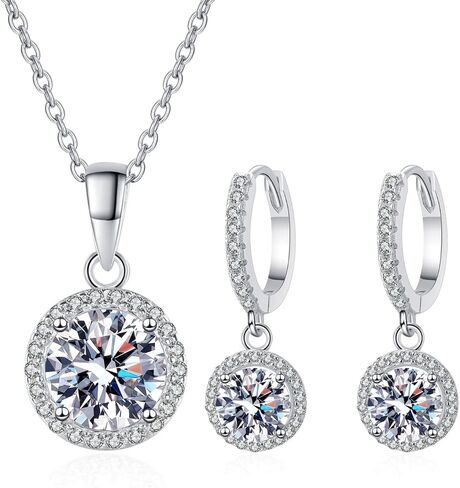 14K Gold 1 Carat Diamond Necklace & Drop Earrings Set, Round Halo Design Two-Piece Jewelry Set, Perfect for Women Birthday Gifts in Kuwait