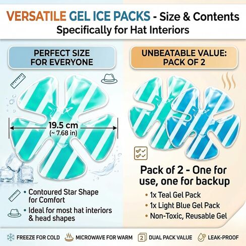 Reusable Cooling Gel Ice Packs for Hats, Adjustable Cold Therapy Headband Inserts for Hard Hats, Sun Hats, 4-Hour Relief for Construction Workers, Migraines, Heat Stroke Prevention (2count-Stripe) in Saudi Arabia