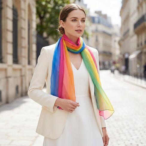 Sucrain Women Rainbow scarf Soft Chiffon Lightweight Sheer Wrap Colorful Elegant Shawl in Saudi Arabia