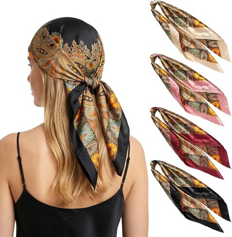 4 Pcs Large Square Head Scarves 35 Inch Silk Like Scarves Vintage Print Headband Neck Scarf for Women Daily Wear in Saudi Arabia