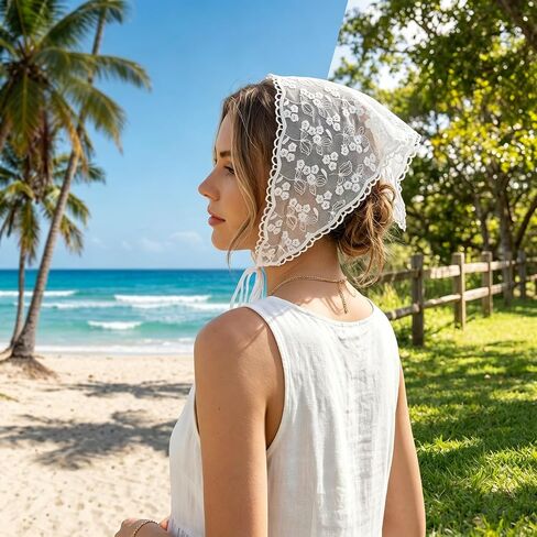 Lace Bandana for Women, Boho Floral White Lace Head Scarf Vintage Stylish Hair Triangle Scarf Headband for Spring Summer Cute Head Kerchief Accessories in Saudi Arabia