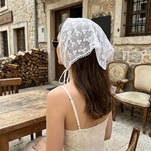 Lace Bandana for Women, Boho Floral White Lace Head Scarf Vintage Stylish Hair Triangle Scarf Headband for Spring Summer Cute Head Kerchief Accessories in Saudi Arabia