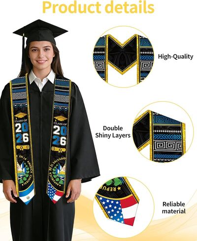 Romart El Salvador Graduation Stole, Class of 2026 Salvadoran American Flag Graduation Sash, Banda de Graduación 2026 El Salvador in Saudi Arabia