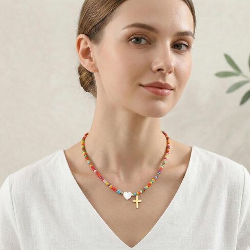 Colorful Beaded Cross Necklace for Women Girls with Pearl Heart Pendant 18K Gold Plated Stainless Steel Cross Adjustable 16+2.5 Inch Chain Perfect for Daily Wear Baptism Communion Christian Religious Gift in Saudi Arabia