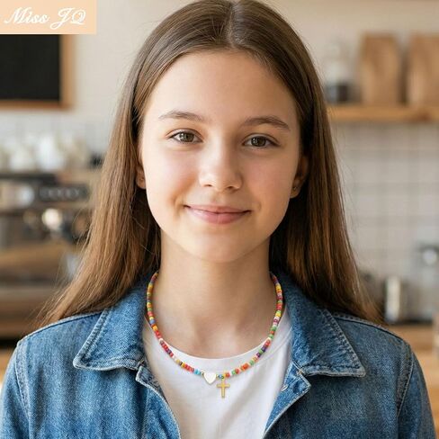 Colorful Beaded Cross Necklace for Women Girls with Pearl Heart Pendant 18K Gold Plated Stainless Steel Cross Adjustable 16+2.5 Inch Chain Perfect for Daily Wear Baptism Communion Christian Religious Gift in Saudi Arabia