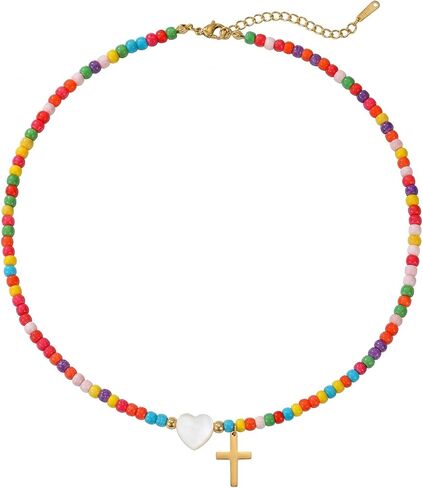 Colorful Beaded Cross Necklace for Women Girls with Pearl Heart Pendant 18K Gold Plated Stainless Steel Cross Adjustable 16+2.5 Inch Chain Perfect for Daily Wear Baptism Communion Christian Religious Gift in Kuwait