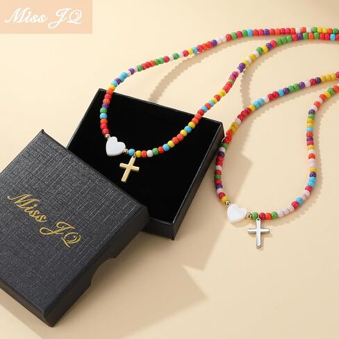 Colorful Beaded Cross Necklace for Women Girls with Pearl Heart Pendant 18K Gold Plated Stainless Steel Cross Adjustable 16+2.5 Inch Chain Perfect for Daily Wear Baptism Communion Christian Religious Gift in Kuwait
