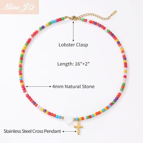 Colorful Beaded Cross Necklace for Women Girls with Pearl Heart Pendant 18K Gold Plated Stainless Steel Cross Adjustable 16+2.5 Inch Chain Perfect for Daily Wear Baptism Communion Christian Religious Gift in Kuwait