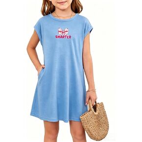 PopReal Girls Cute Sleeve T-Shirt Dresses Casual Crewneck Basic Spring Summer Dress Teen with Pockets 5-14 Years in Saudi Arabia