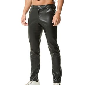 QiaTi Men's Faux Leather Pants Casual Stretch PU Leather Straight Leg Slim Fit Trousers Motorcycle Club Long Pant for Men in Saudi Arabia