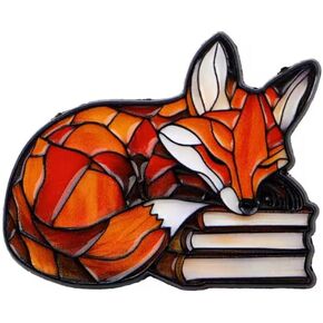 Stained Glass Style Fox Enamel Pin, Orange and White Design, Sleeping on Books, 1.37 x 1.10 Inch Decorative Brooch in Kuwait