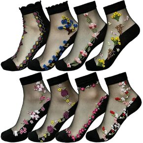 Womens Sheer Socks, 8 Pairs Floral Ankle Socks Summer Transparent Thin Mesh Silk Crystal Glass Dress Stockings in Kuwait