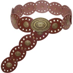 Boho Western Cowboy Disc Belt for Women Vintage Brown Leather Wide Waist Belt with Embossed Metal Discs for Country Outfits in Saudi Arabia