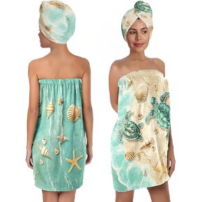 Sea Turtle Bath Wrap Set with Hair Turban, Absorbent Microfiber Spa Towel Wrap, Seashell and Starfish Design Towel Robe for Women in Saudi Arabia