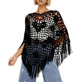 LILTWIST Women Boho Fringe Poncho Crochet Hollow Out Sweater Asymmetrical Knit See Through Shrug Shawl Summer Beach Cover Up in Saudi Arabia