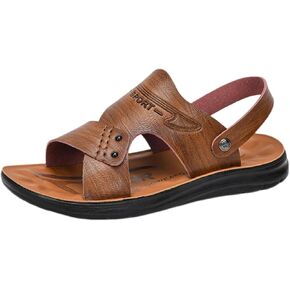 Men's Adjustable Dual-Use PU Leather Flat Sandals with Ankle Strap - Open Toe Summer Beach Slippers for Casual Water Comfort in Kuwait