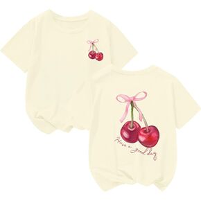 BINTEHGS Girls Cute Graphic Tees Kids Bow Cherry Shirt Aesthetic Short Sleeve T Shirts Casual Summer Crew Neck Top Clothes in Saudi Arabia