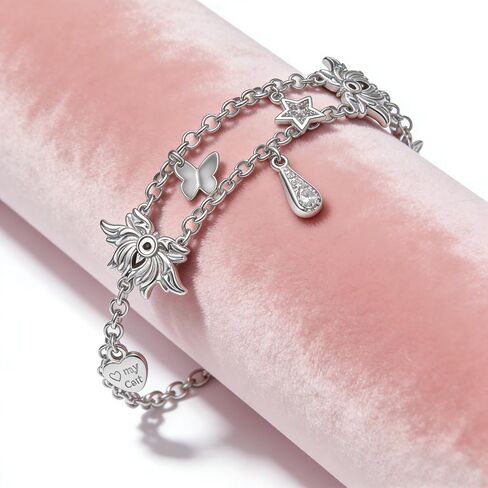 Charm Bracelet for Women Double Layered Silver - Adjustable Dainty Layered Bracelets with 13 Charms, Silver Jewelry Gift for Women in Saudi Arabia