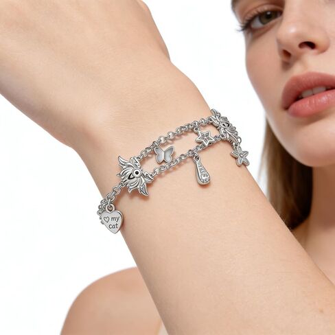 Charm Bracelet for Women Double Layered Silver - Adjustable Dainty Layered Bracelets with 13 Charms, Silver Jewelry Gift for Women in Saudi Arabia