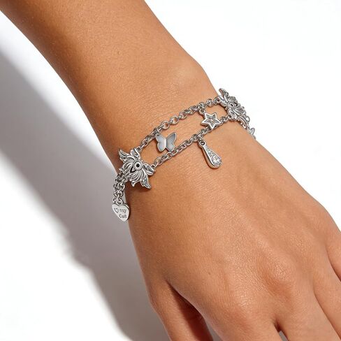 Charm Bracelet for Women Double Layered Silver - Adjustable Dainty Layered Bracelets with 13 Charms, Silver Jewelry Gift for Women in Saudi Arabia