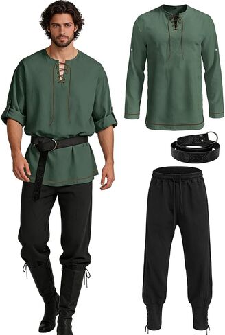 Verceco Renaissance Costume for Men 3PCS Lace-Up Long Sleeve Tunic Shirt Ankle-Banded Pants Belt Medieval LARP Cosplay Outfit in Saudi Arabia