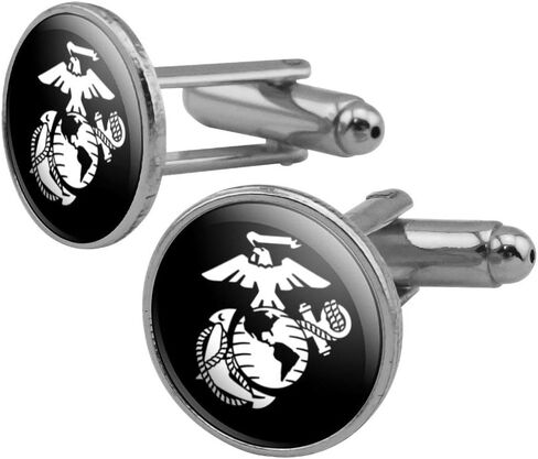 Marines USMC White Eagle Globe Anchor on Black Officially Licensed Round Cufflink Set Silver Color in Kuwait
