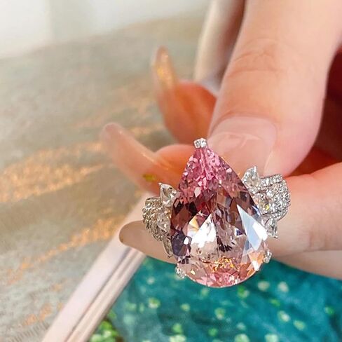 Silver Tone Pear Cut Pink Purple Zircon Ring for Women, Statement Cocktail Party Ring, Adjustable Luxury Daily Wear Jewelry in Saudi Arabia