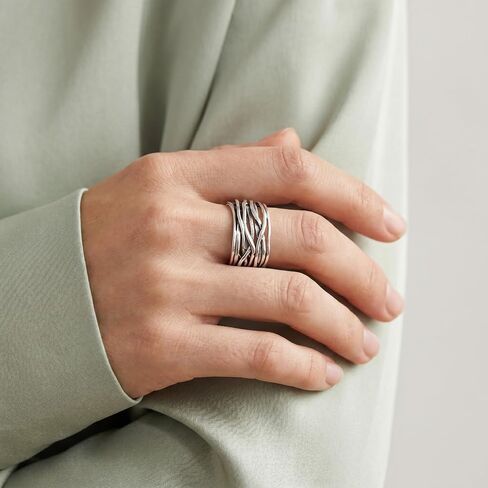 JEAN RACHEL JEWELRY 925 Sterling Silver Hammered Wire Wrap Ring - Wide Multi-Strand Everyday Statement Ring in Kuwait