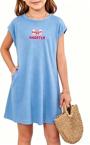 PopReal Girls Cute Sleeve T-Shirt Dresses Casual Crewneck Basic Spring Summer Dress Teen with Pockets 5-14 Years in Saudi Arabia