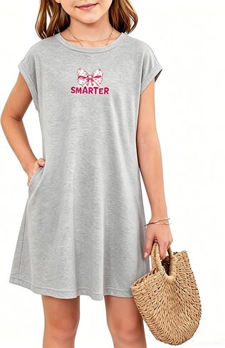 PopReal Girls Cute Sleeve T-Shirt Dresses Casual Crewneck Basic Spring Summer Dress Teen with Pockets 5-14 Years in Saudi Arabia