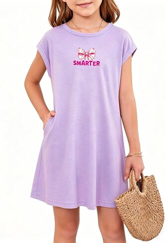 PopReal Girls Cute Sleeve T-Shirt Dresses Casual Crewneck Basic Spring Summer Dress Teen with Pockets 5-14 Years in Saudi Arabia