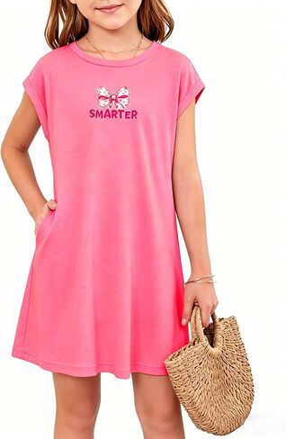 PopReal Girls Cute Sleeve T-Shirt Dresses Casual Crewneck Basic Spring Summer Dress Teen with Pockets 5-14 Years in Saudi Arabia