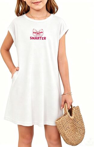 PopReal Girls Cute Sleeve T-Shirt Dresses Casual Crewneck Basic Spring Summer Dress Teen with Pockets 5-14 Years in Saudi Arabia
