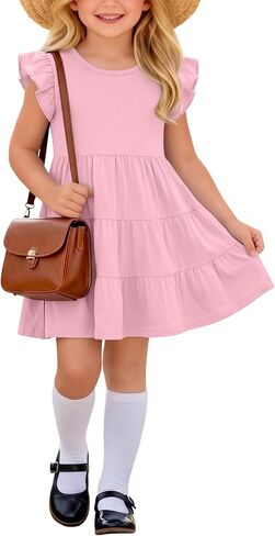 Girl's Ruffle Sleeve Dress Crewneck Short Sleeve Tiered Midi Dress for Kids 5-14 Years Elegant Casual Sundress in Saudi Arabia