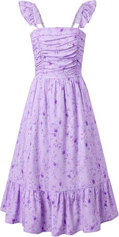 Sunny Spirit Girl's Summer Floral Dresses Kids Cute Ruffle Sleeve Smocked Flowy Dress 6-14 Years in Saudi Arabia