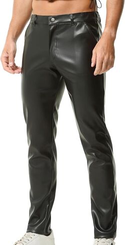 QiaTi Men's Faux Leather Pants Casual Stretch PU Leather Straight Leg Slim Fit Trousers Motorcycle Club Long Pant for Men in Saudi Arabia