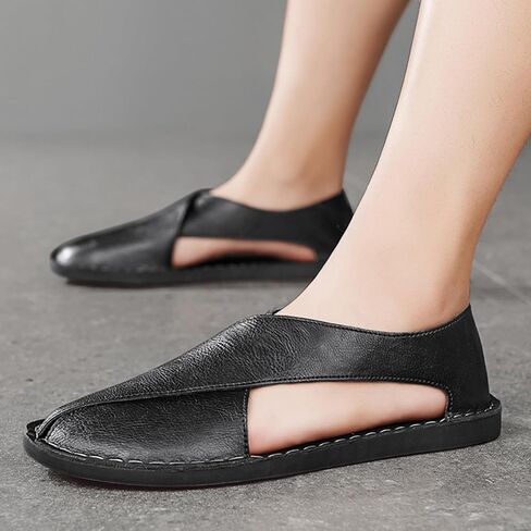 Men's Leather Open Toe Flat Sandals Hand-stitched Comfortable Slip On Soft Walking Male Sandals Casual Fisherman Outdoor Beach Shoes in Kuwait