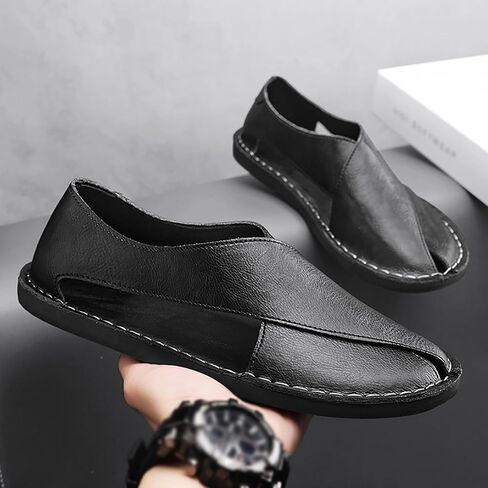Men's Leather Open Toe Flat Sandals Hand-stitched Comfortable Slip On Soft Walking Male Sandals Casual Fisherman Outdoor Beach Shoes in Kuwait