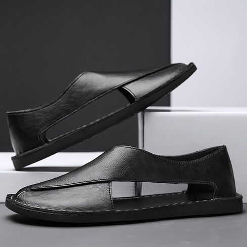 Men's Leather Open Toe Flat Sandals Hand-stitched Comfortable Slip On Soft Walking Male Sandals Casual Fisherman Outdoor Beach Shoes in Kuwait