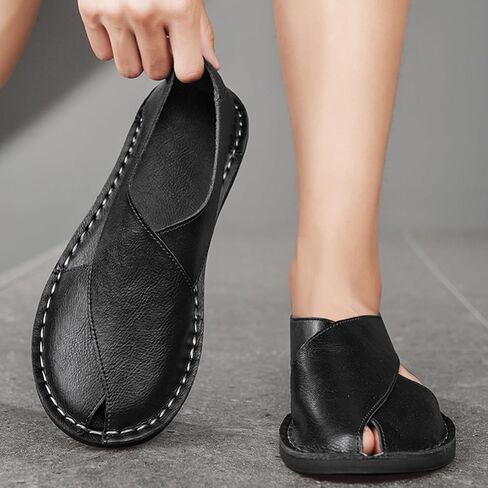 Men's Leather Open Toe Flat Sandals Hand-stitched Comfortable Slip On Soft Walking Male Sandals Casual Fisherman Outdoor Beach Shoes in Kuwait