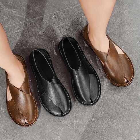 Men's Leather Open Toe Flat Sandals Hand-stitched Comfortable Slip On Soft Walking Male Sandals Casual Fisherman Outdoor Beach Shoes in Kuwait