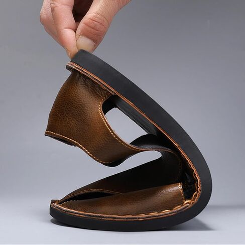 Men's Leather Open Toe Flat Sandals Hand-stitched Comfortable Slip On Soft Walking Male Sandals Casual Fisherman Outdoor Beach Shoes in Kuwait